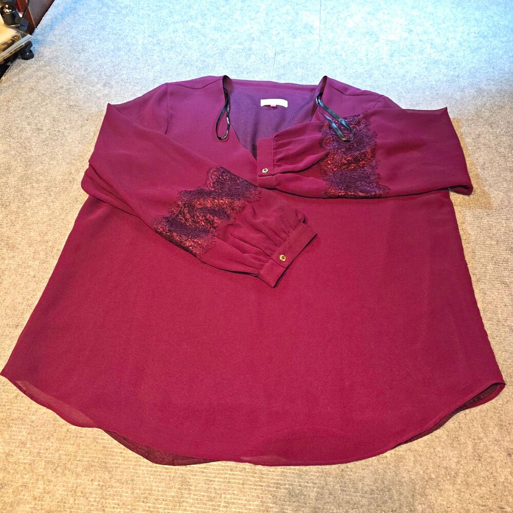 Calvin Klein Women’s XL Burgundy Sheer Chiffon Lace V-Neck Button Blouse